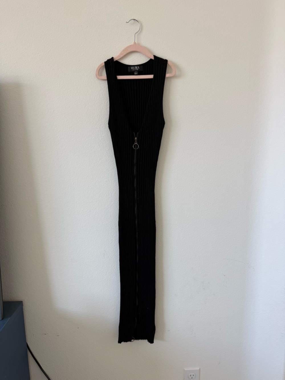 Midi Ribbed Zip-Front Dress - Black